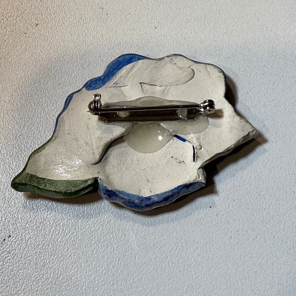 Blue Pansy Flower Brooch Pin Ceramic Vintage‎ Style Floral Jewelry